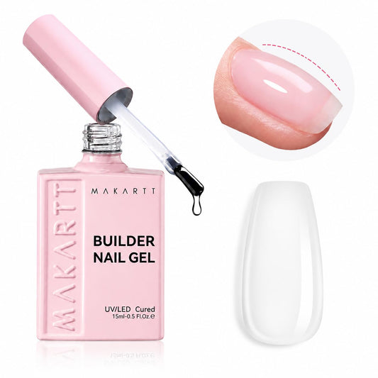 Makartt bottle front view showing clear 15ml builder and compact design benefit