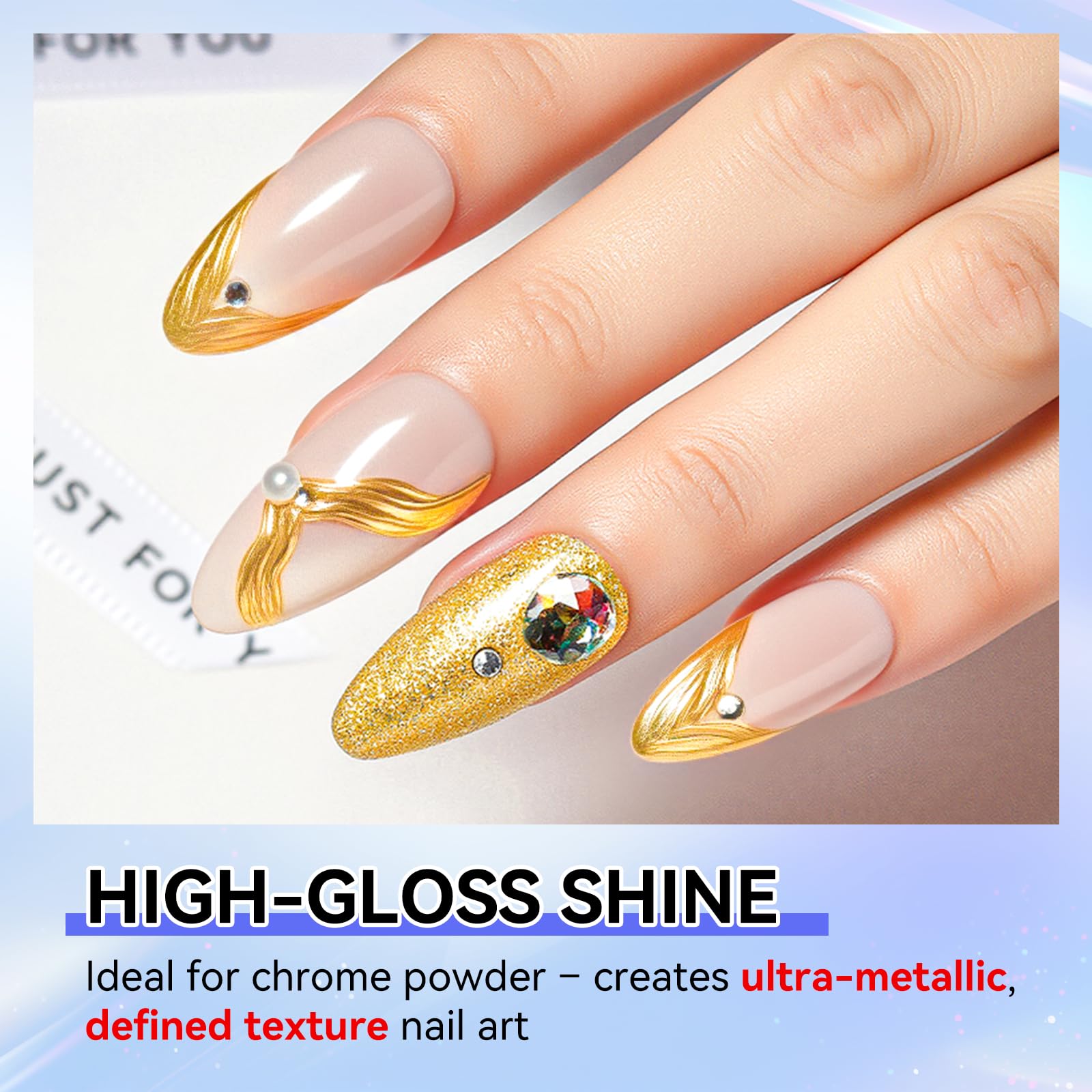 Makartt chrome powder on gel showing mirror finish and striking metallic shine
