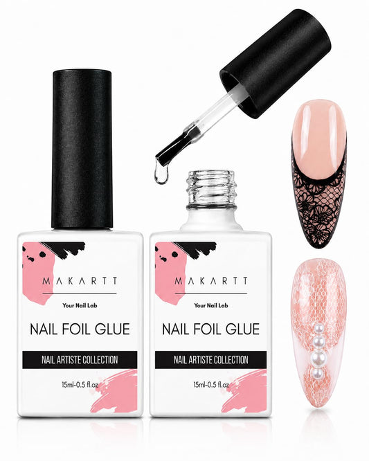Makartt foil glue front packaging showing two 15ml bottles and clear benefits