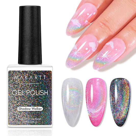 Makartt bottle front view showing 10ml polish with holographic shimmer benefit