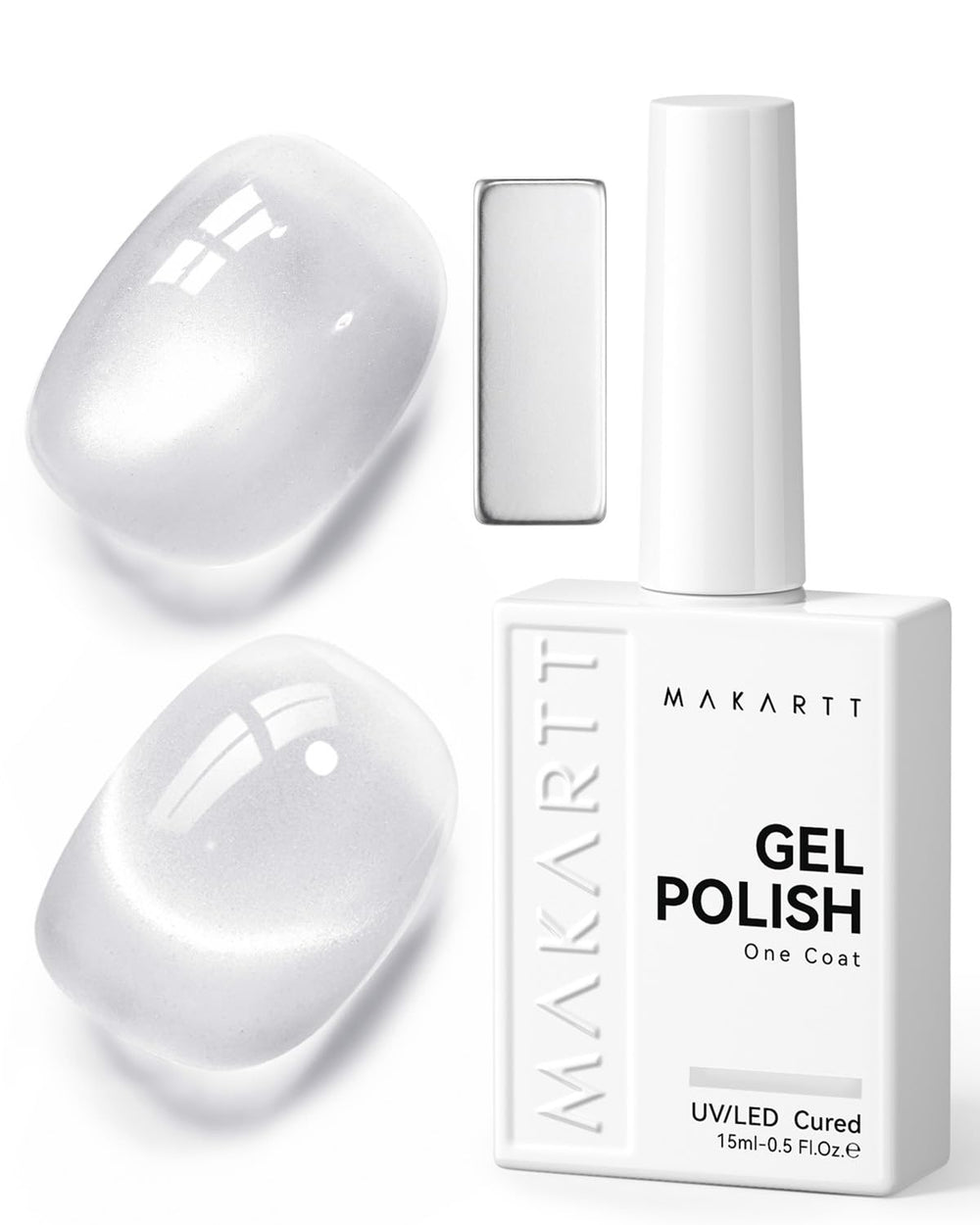 Makartt bottle front view showing glassy silver shimmer and brand quality