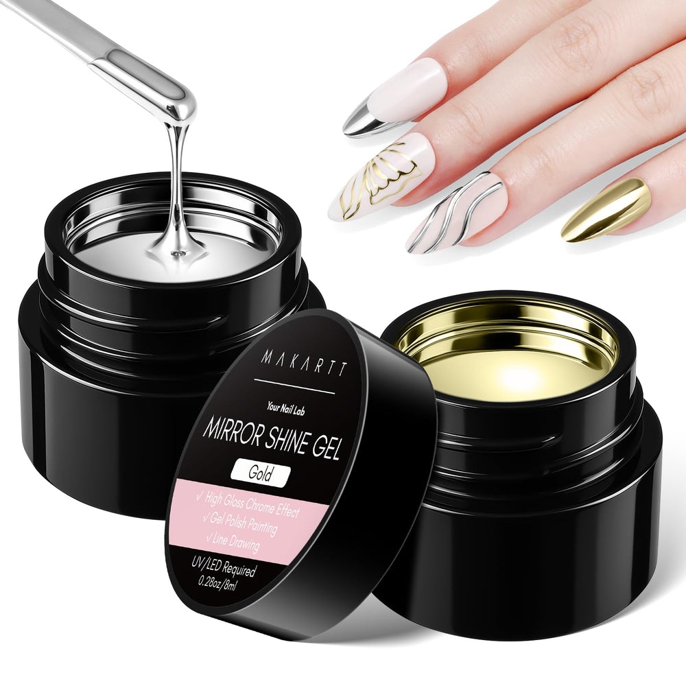 Makartt front packaging chrome gel set showing both silver and gold bottles and benefit mirror finish