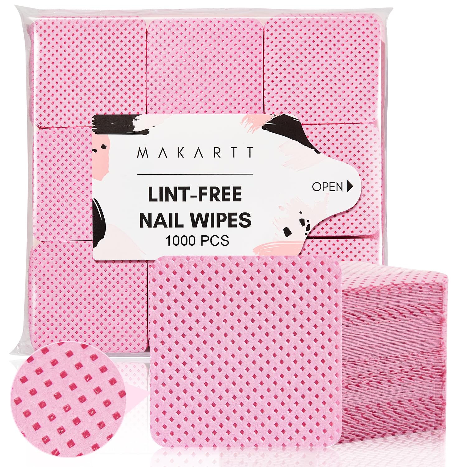 Makartt front packaging showing pink lint-free wipes, convenient bulk value