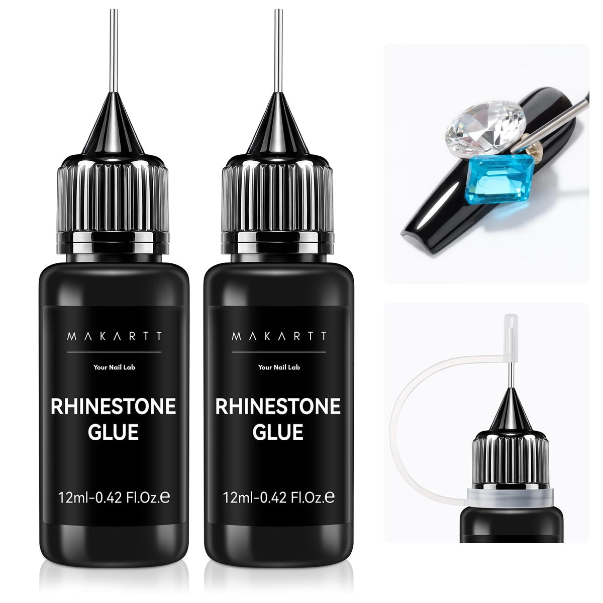 Makartt front packaging showing two rhinestone glue pens and benefits