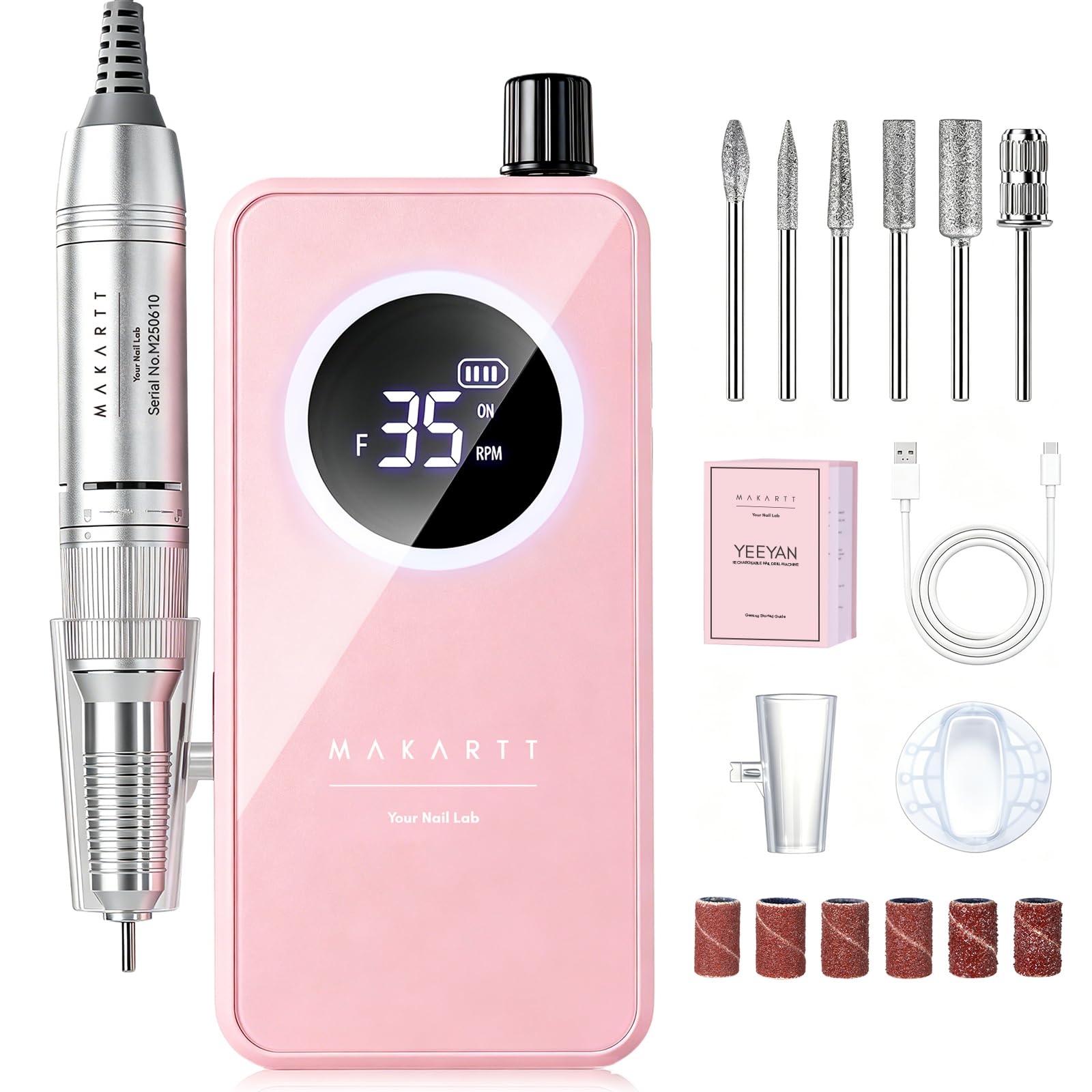Makartt front view pink nail drill showing compact design and portability