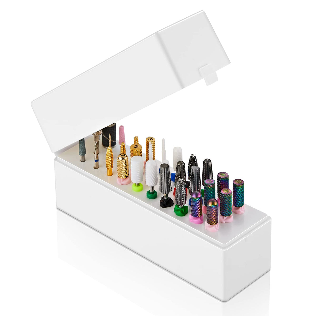 Makartt front view white case showing tidy drill bit display and protection