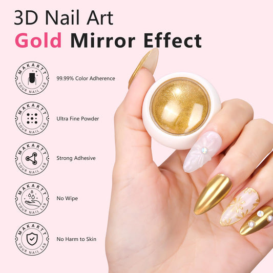 Makartt gold chrome powder jar closeup with smooth reflective pigment