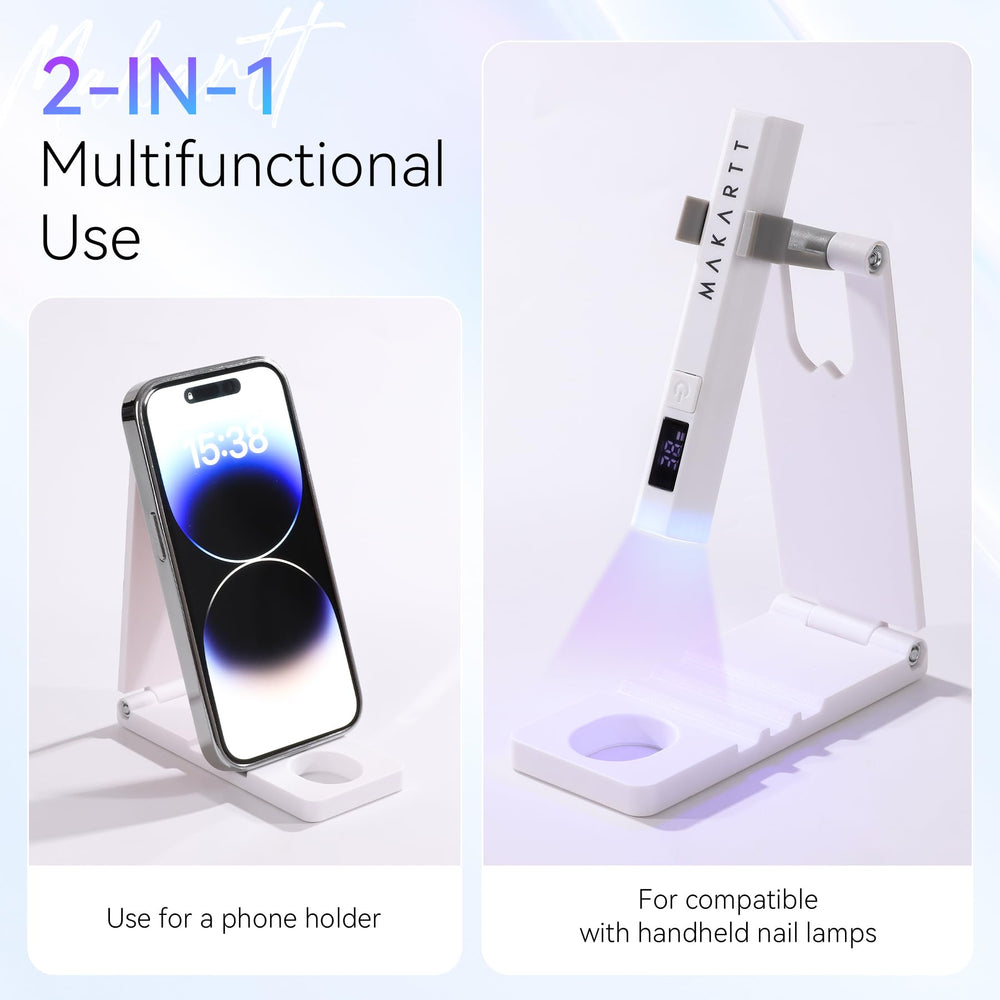 Makartt stand holding a handheld lamp during hands-free gel curing session