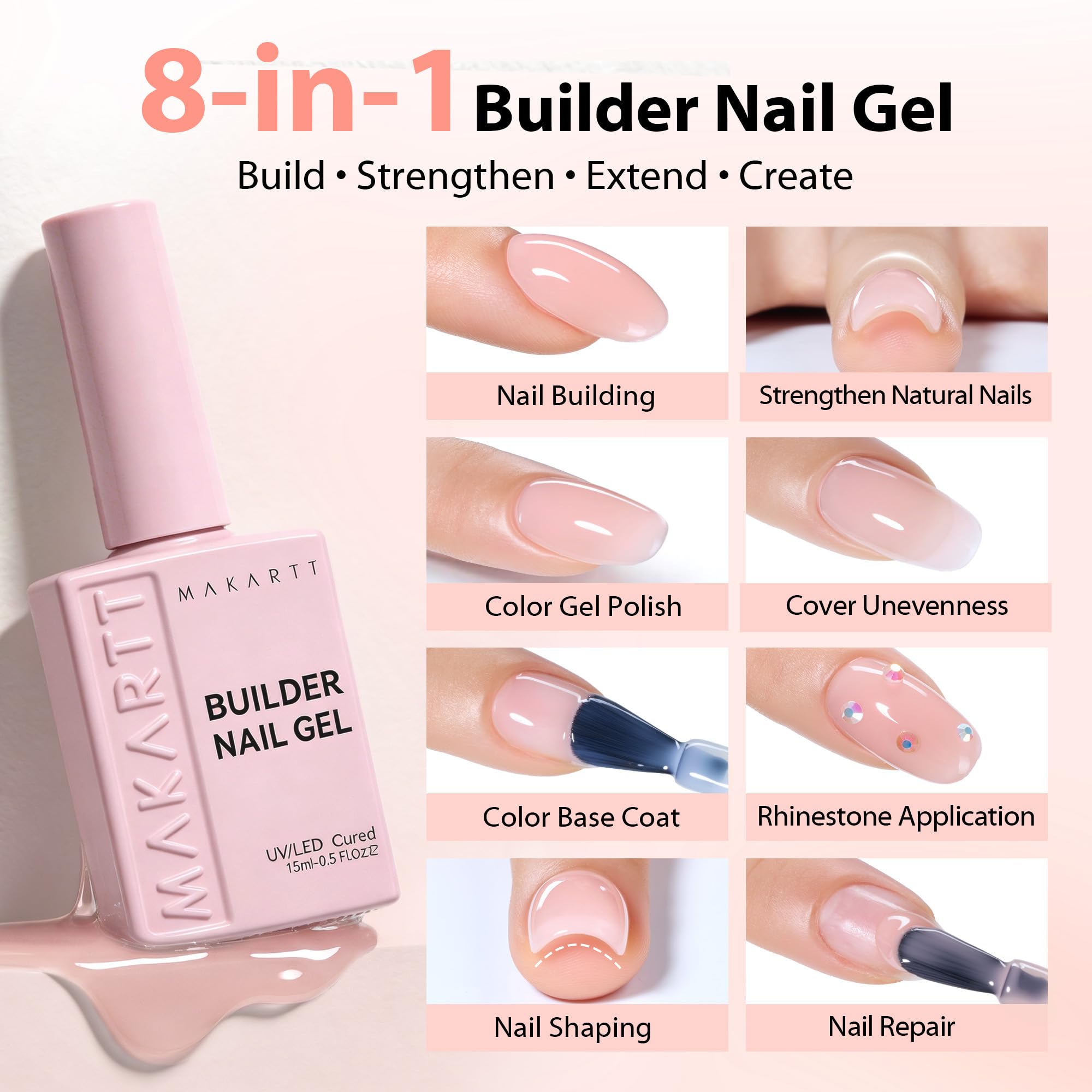 Makartt label close-up on nude builder highlighting multi-function benefits