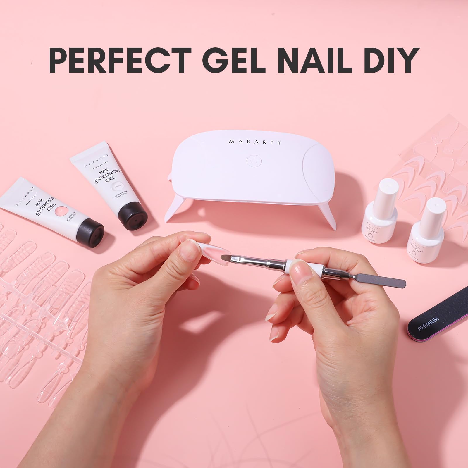 Makartt manicure flatlay with tools showing professional kit compatibility and results