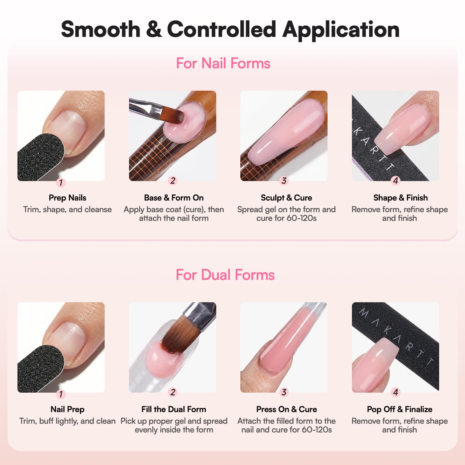 Makartt finished nude gel manicure on hands demonstrating long-lasting natural look benefit
