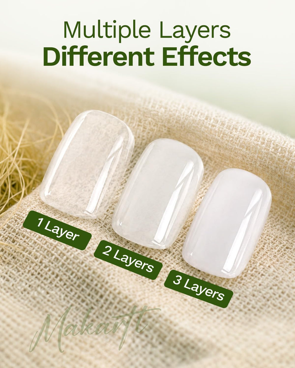 Makartt layered steps demonstration showing one-to-three coats progression benefit: customizable opacity