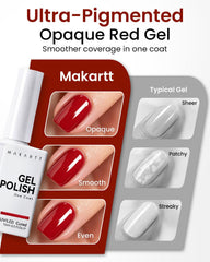 Makartt cured red gel nail with mirror-like shine highlighting long-wear gloss