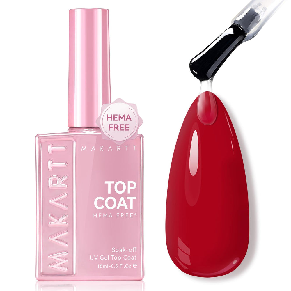 Makartt HEMA-free top coat bottle front showing clean packaging and instant gloss