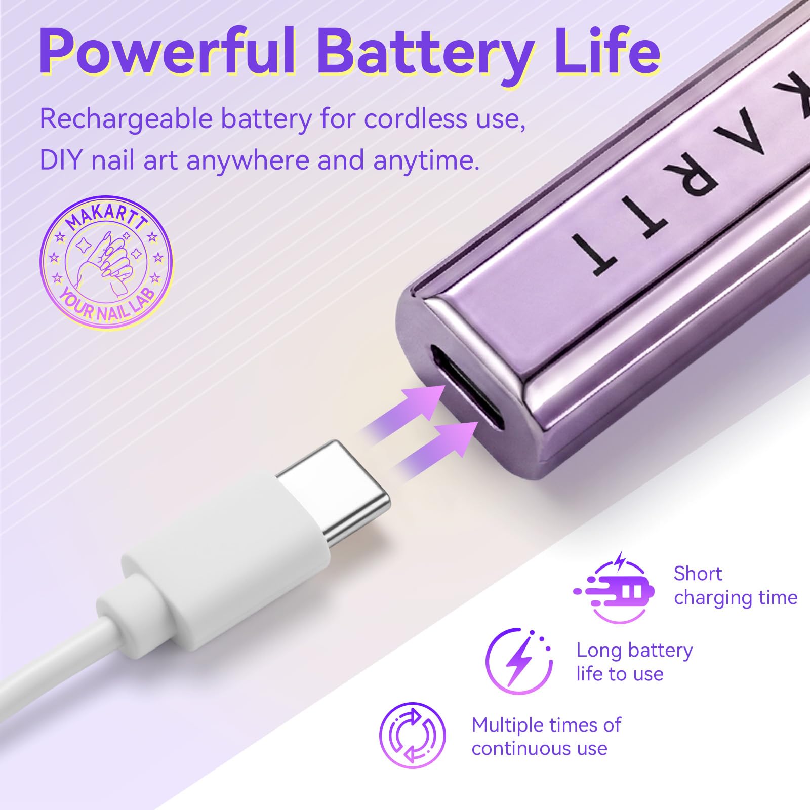 Makartt USB cable plugged in showing rechargeable convenience and travel charging
