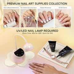 Makartt nails showcasing various beads, crystals, chains attached securely
