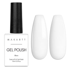 Makartt bottle front view showing clean white gel polish and readable label benefits
