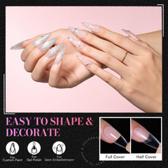 Makartt tips worn on hand demonstrating fashionable almonetto shape and everyday comfort