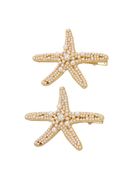 MakeMeChic front view starfish barrettes showing gold finish and beach aesthetic