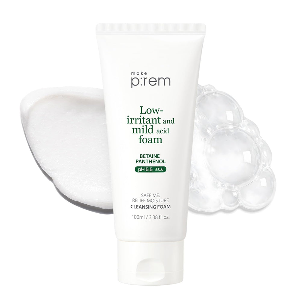 MAKEP:REM front bottle shot showing compact cleanser and soothing benefits