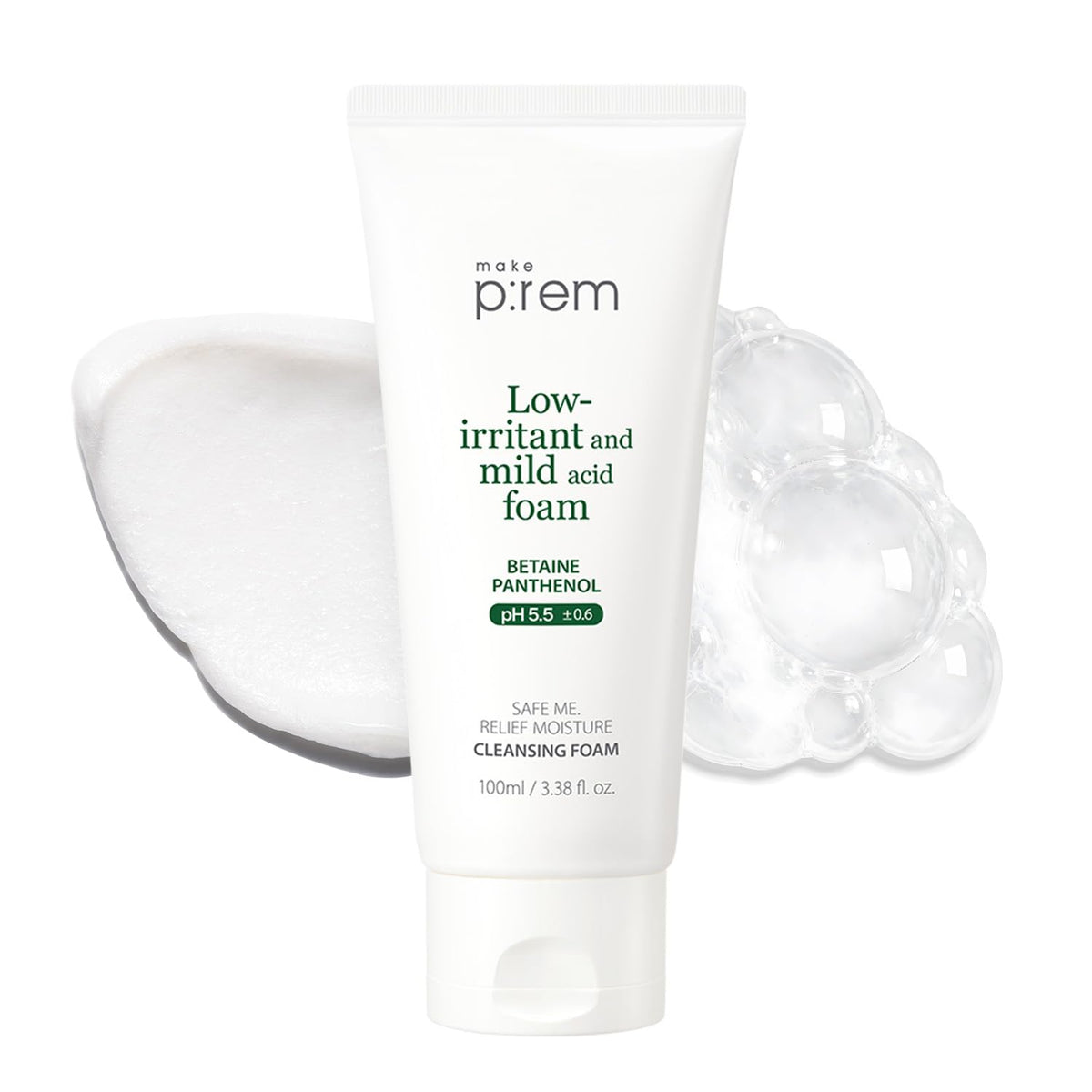 MAKEP:REM front bottle shot showing compact cleanser and soothing benefits