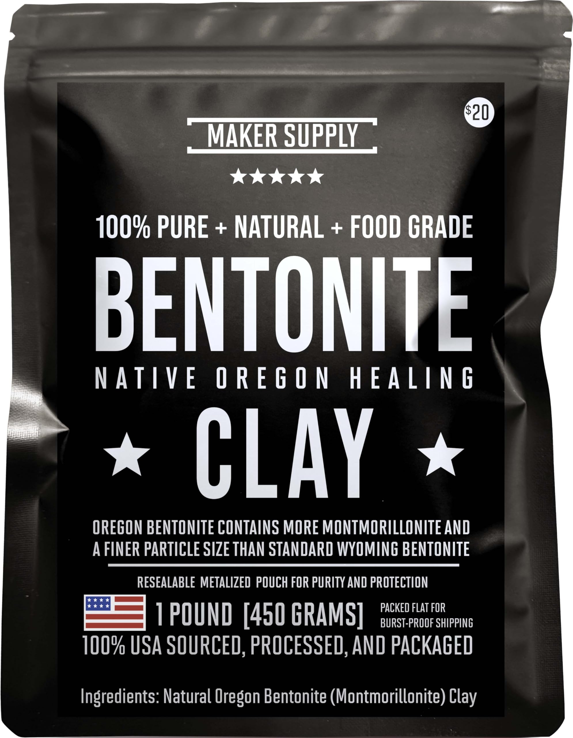 Maker Supply bentonite clay pouch front view shows resealable packaging and product benefit