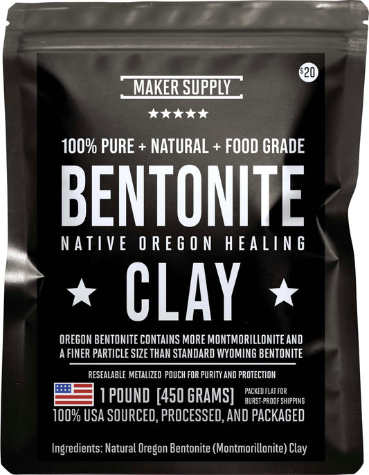 Maker Supply bentonite clay pouch front view shows resealable packaging and product benefit