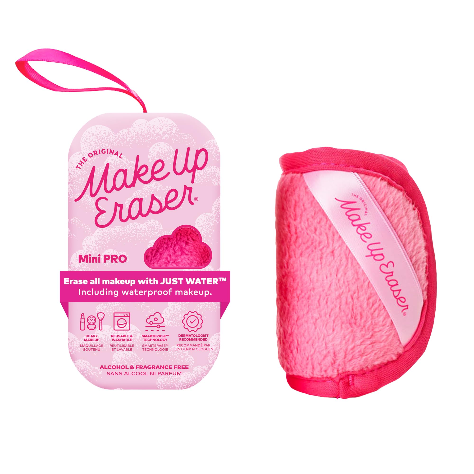 MakeUp Eraser Mini PRO front view showing compact pink cloth and packaging, eco benefit