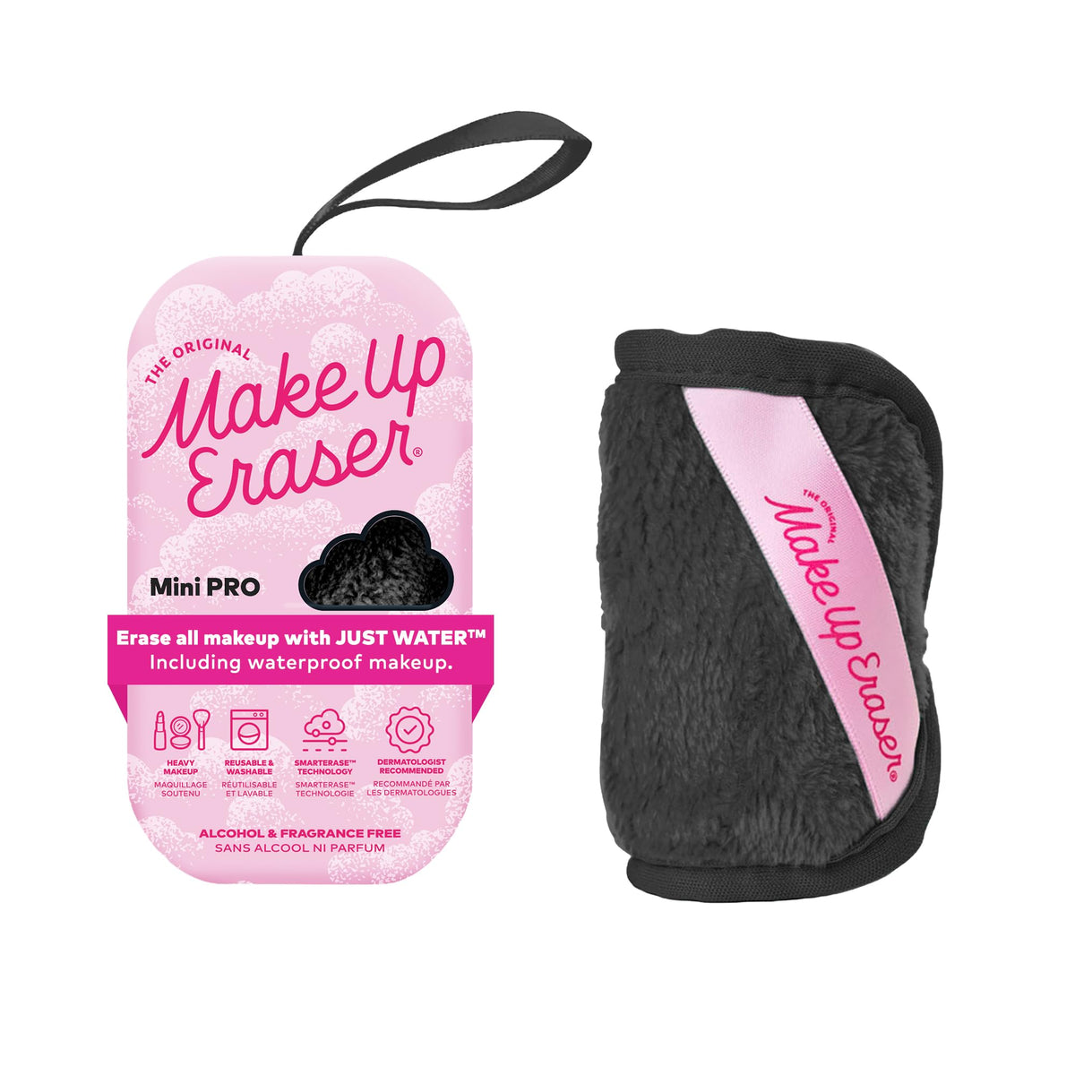 MakeUp Eraser Mini PRO front view showing compact black cloth benefit travel-ready