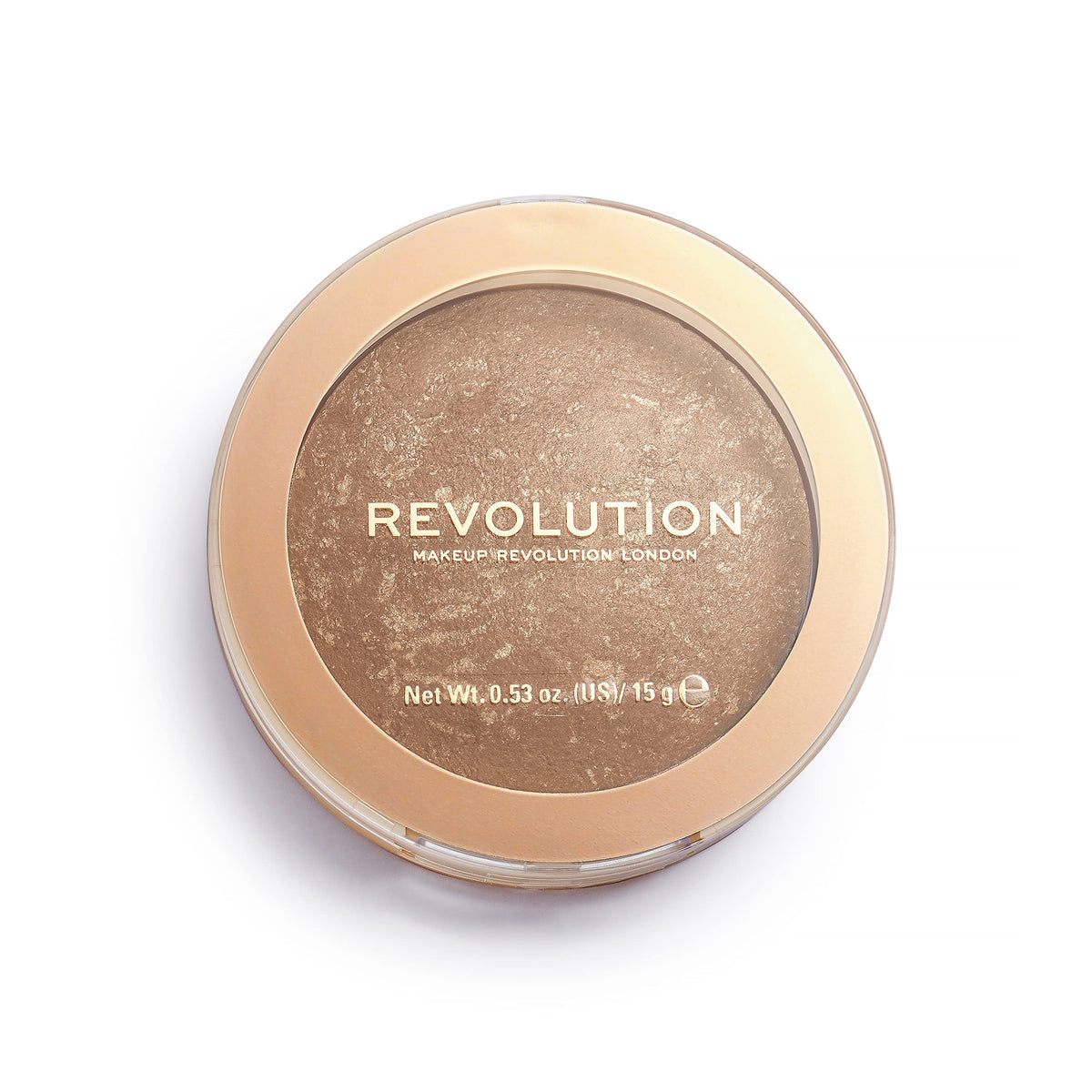 Makeup Revolution compact front view showing Long Weekend bronze for warm glow