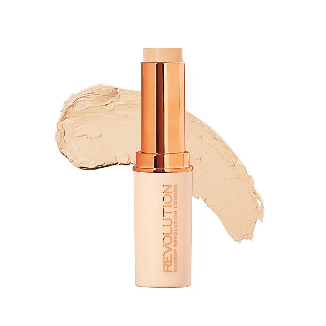Makeup Revolution stick front view showing sleek tube and quick coverage benefit