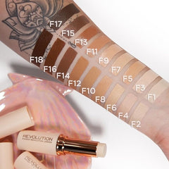 Makeup Revolution stick tucked in makeup bag for portability and touch-up benefit
