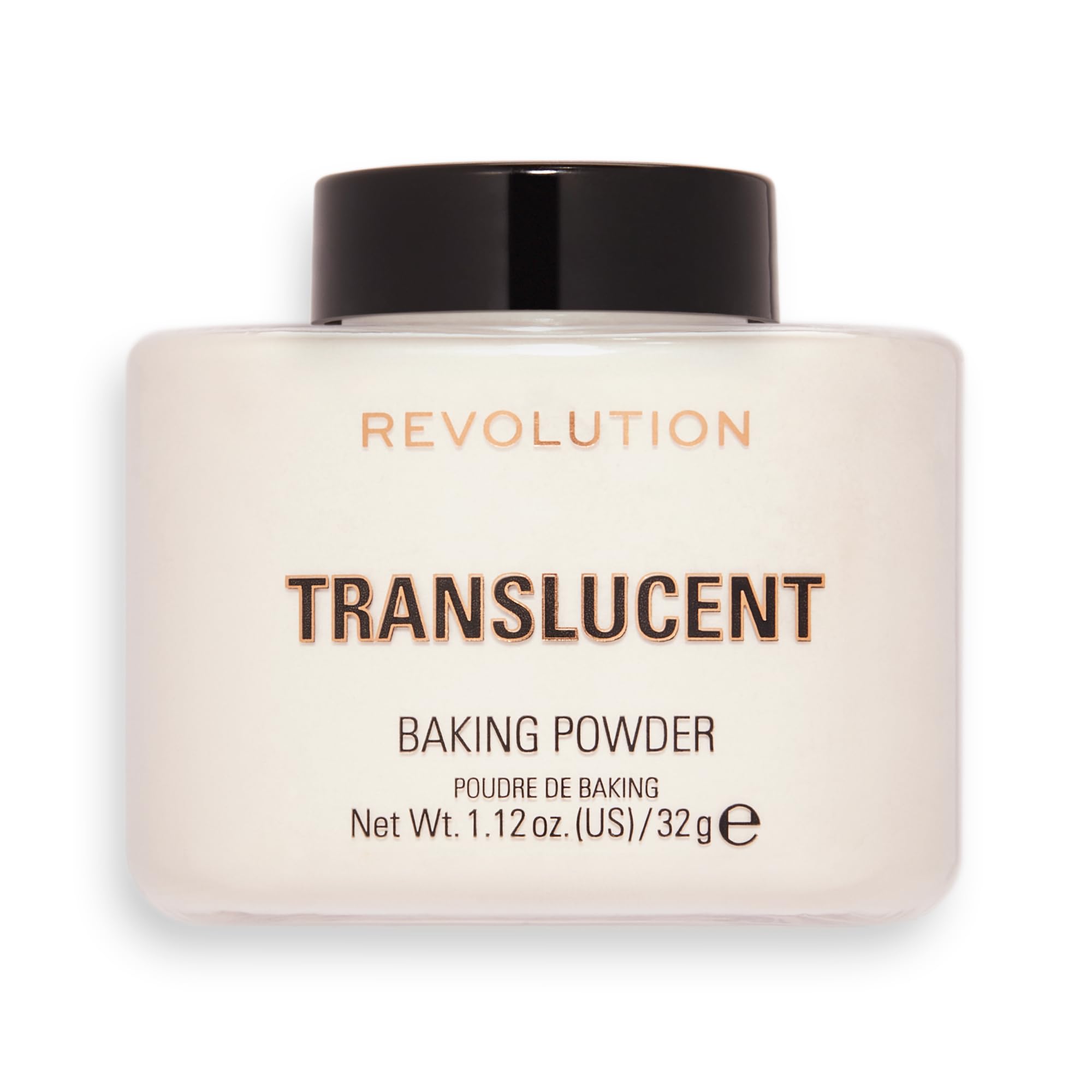 Makeup Revolution packaging front showing powder jar and benefit of long-lasting wear
