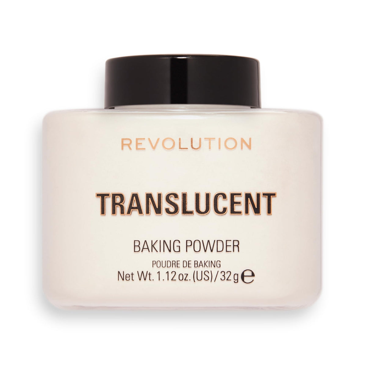 Makeup Revolution packaging front showing powder jar and benefit of long-lasting wear
