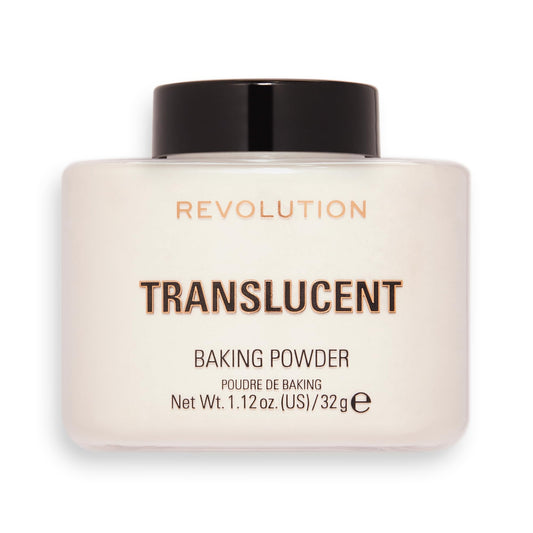 Makeup Revolution packaging front showing powder jar and benefit of long-lasting wear