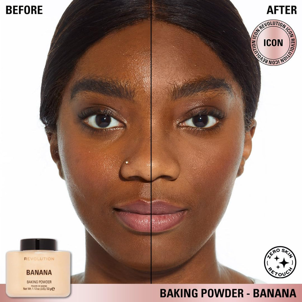 Makeup Revolution powder applied with fluffy brush reducing shine for a matte look