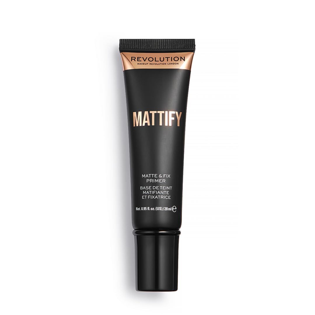 Makeup Revolution primer size comparison next to foundation bottle for travel-friendly boost