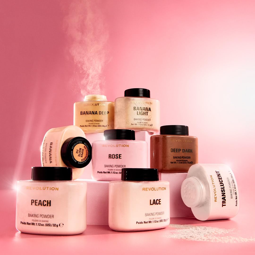Makeup Revolution powder jar in hand illustrating 1.12 oz size and portable convenience