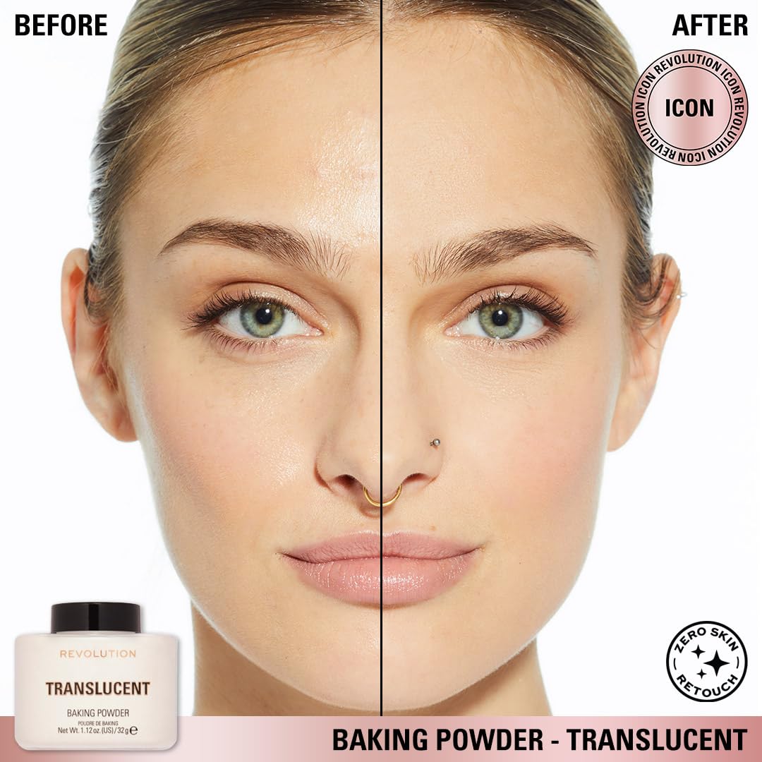 Makeup Revolution sponge applying powder for baking to lock highlight and contour