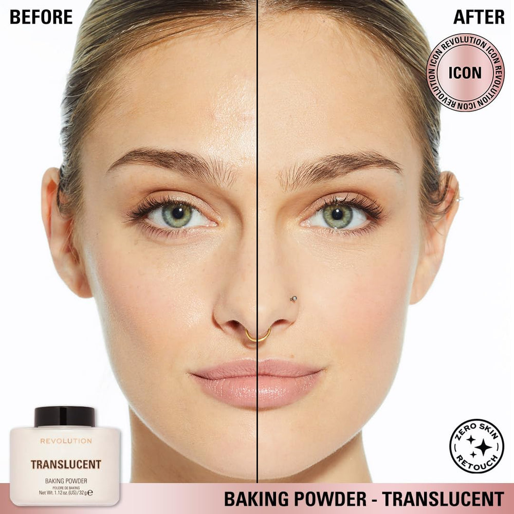Makeup Revolution sponge applying powder for baking to lock highlight and contour
