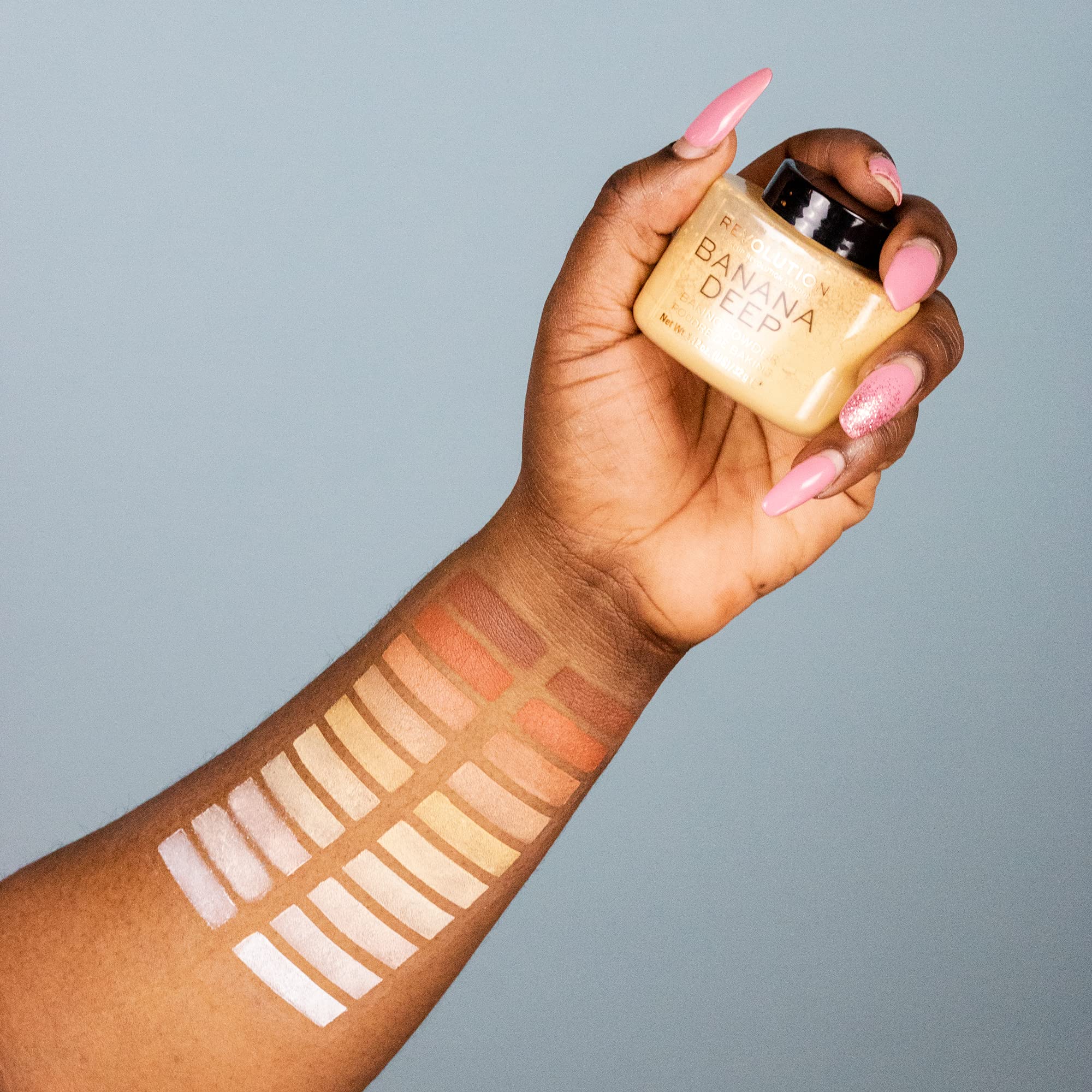 Makeup Revolution on vanity styled scene showing product use and everyday glow