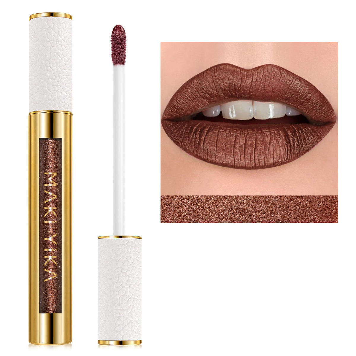 MAKI YIKA front packaging showing glitter tube and copper brown shade benefit: attractive gift presentation