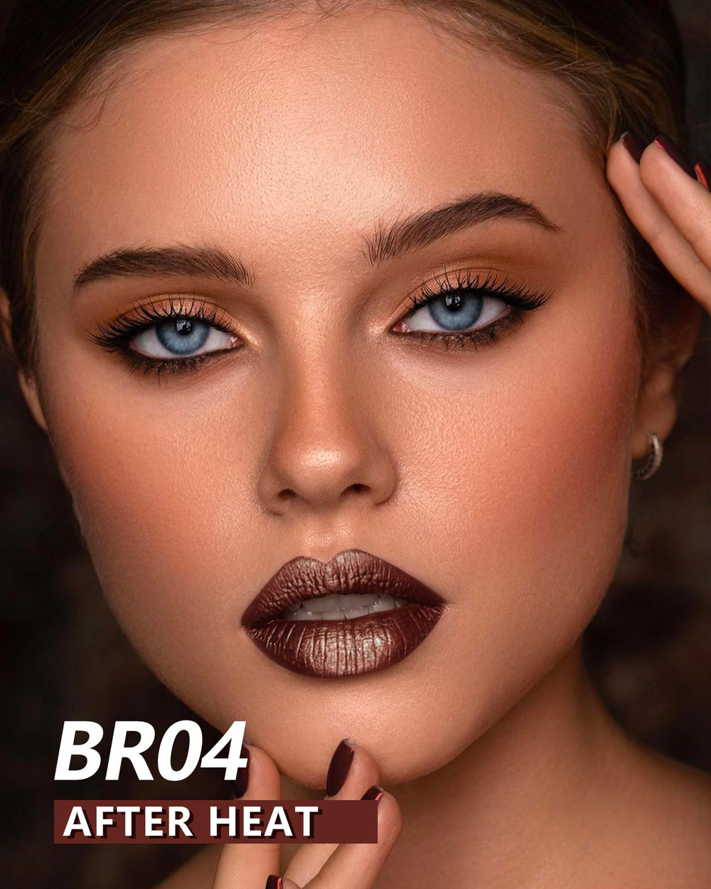 MAKI YIKA swiped on lips demonstrating metallic copper brown finish benefit: high impact color