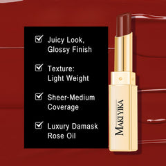 MAKI YIKA on model full face showing dark red glossy look benefit: wearable styling example