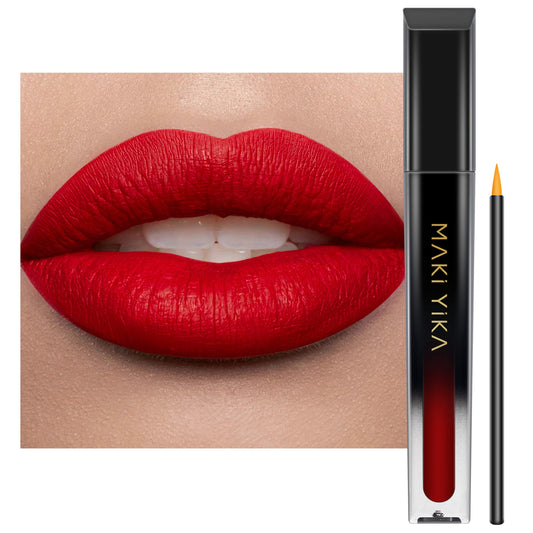 MAKI YIKA Flamingo front packaging showing bold red shade and matte finish benefit