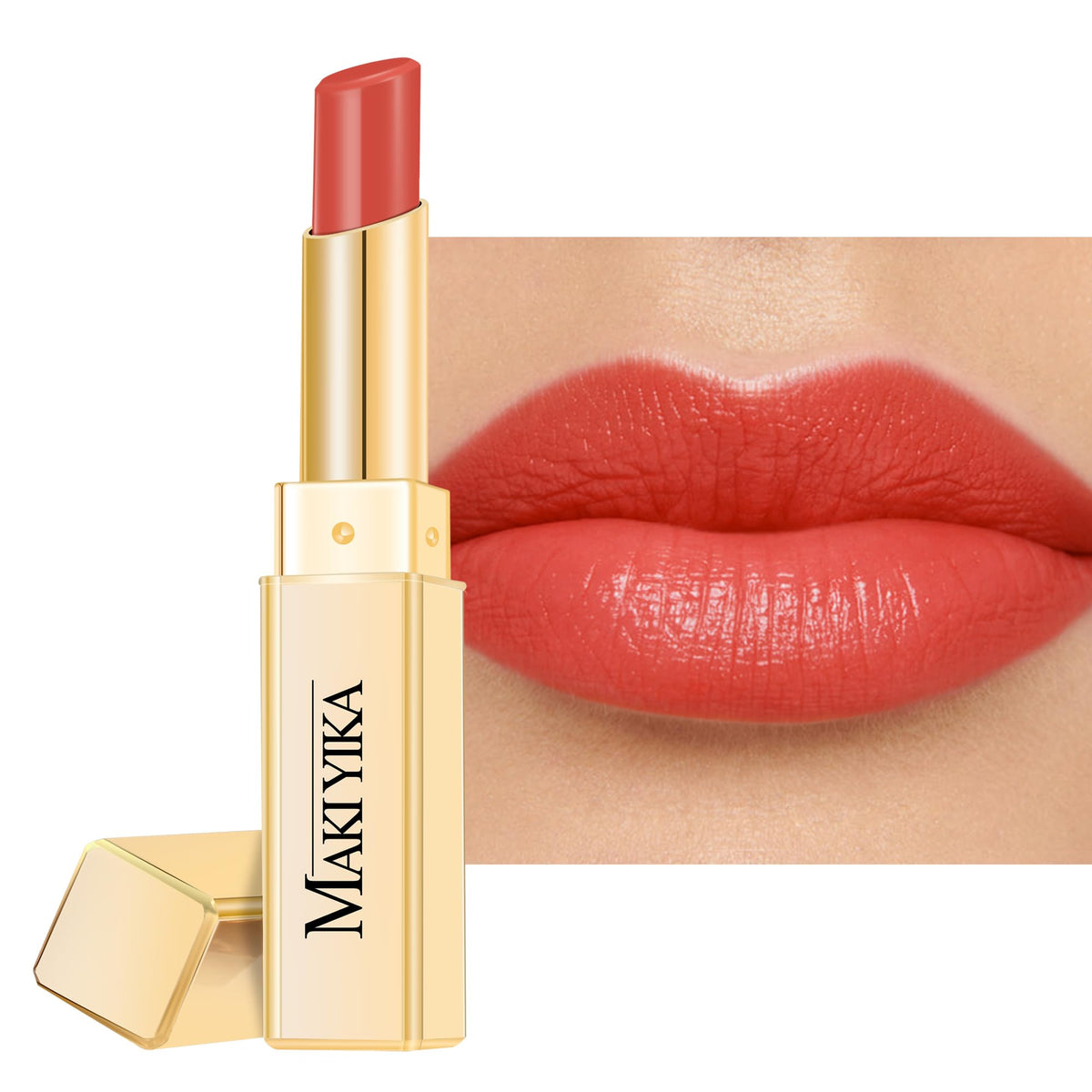 MAKI YIKA front packaging showing coral red shade and compact benefit