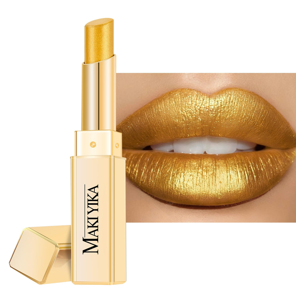 MAKI YIKA front packaging showing glossy gold lipstick and benefit of hydration