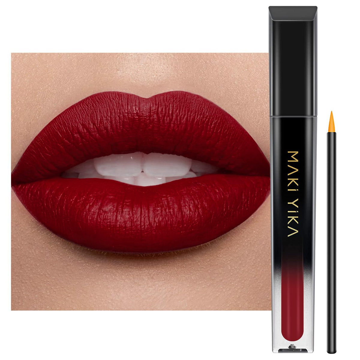 MAKI YIKA front packaging showing bold dark red shade and sleek tube