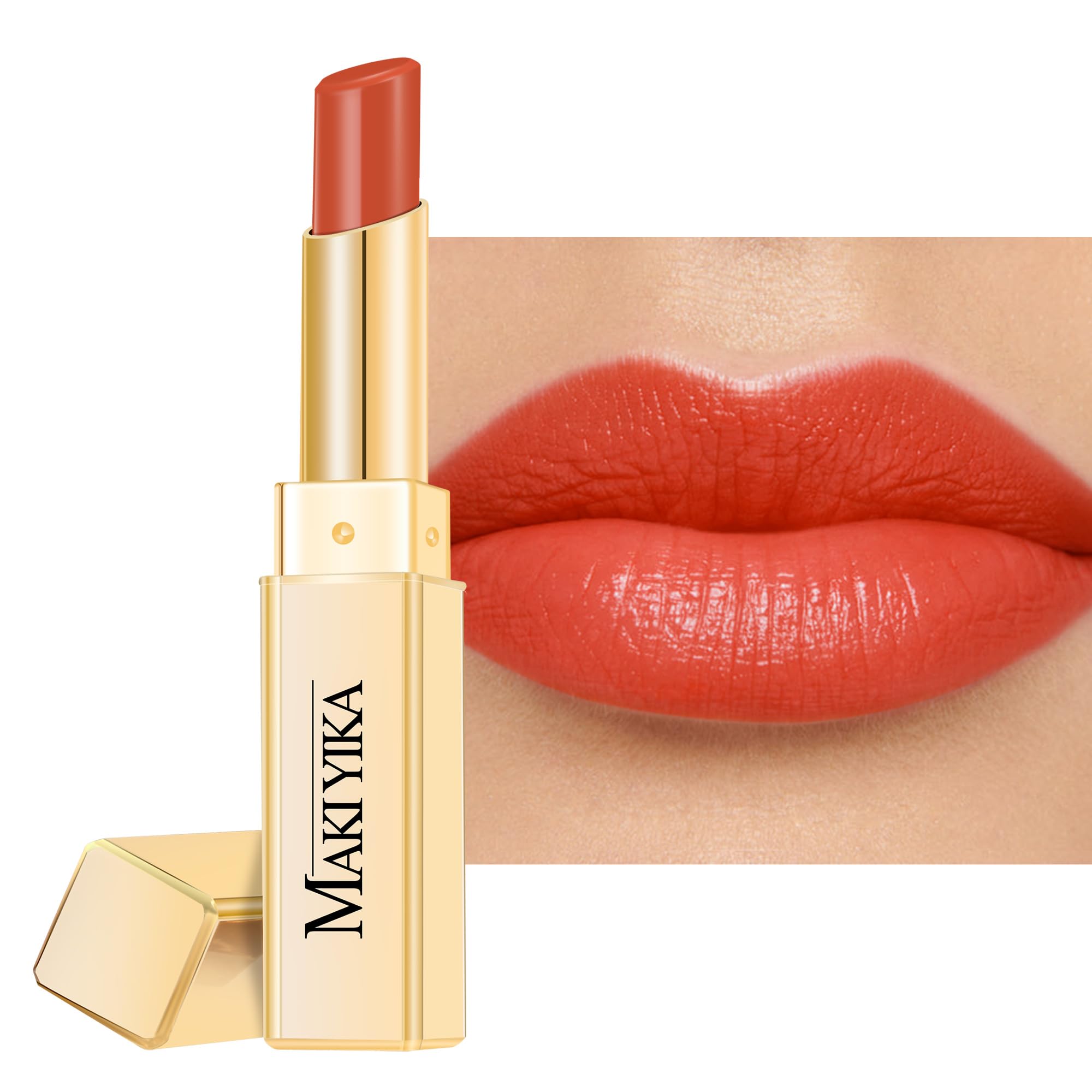MAKI YIKA front packaging showing bold apricot-peach shade and glossy benefit