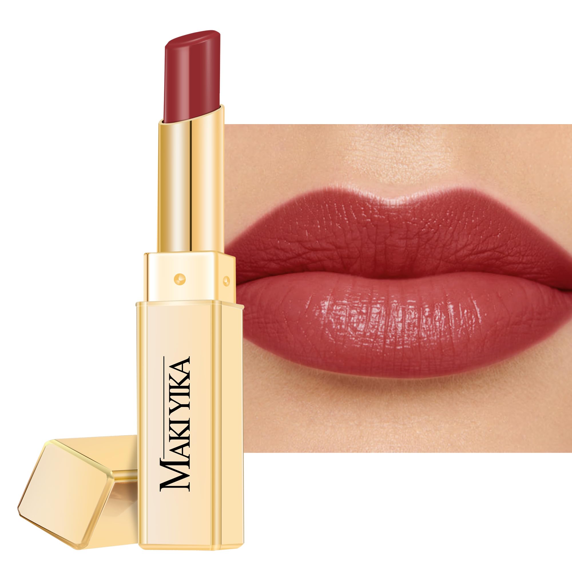 MAKI YIKA tube front view showing mauve-pop shade and glossy finish benefit